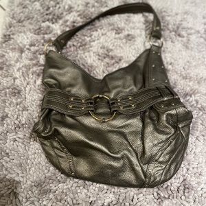 Pewter leather hobo bag with gold hardware